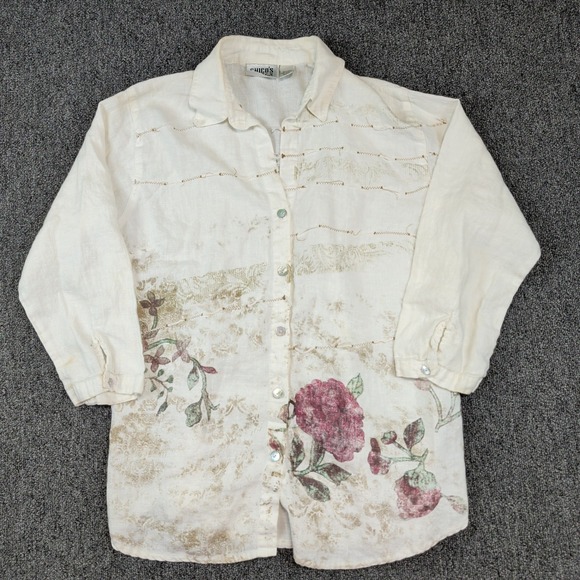 Chicos Design Vintage Boho Floral Button Down Shirt Size 1 Medium White Linen — photo 2